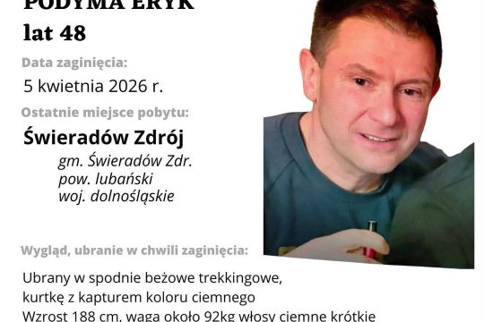 Zaginął 
Eryk Podyma, lat 48
#świeradów_zdrój #dolnośląskie #policjaLwówekŚląski...