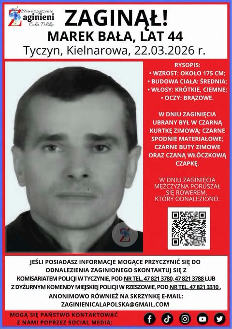 ZAGINĄŁ!
Marek Bała, lat 44
#tyczyn #kielnarowa #podkarpackie #policja_tyczyn

P...